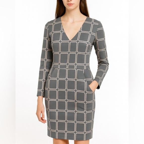 Boden Eliza Ponte Dress 6 Gray Pink Grid Mod Preppy Vintage Inspired Tailored - Picture 1 of 12
